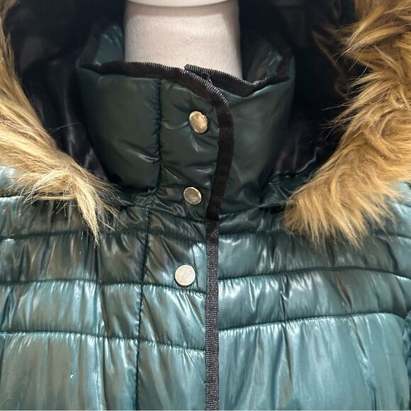 LFT Warm Collection Outwear Green Puffer Jacket With Fur Hood Size US Small - Picture 3 of 12